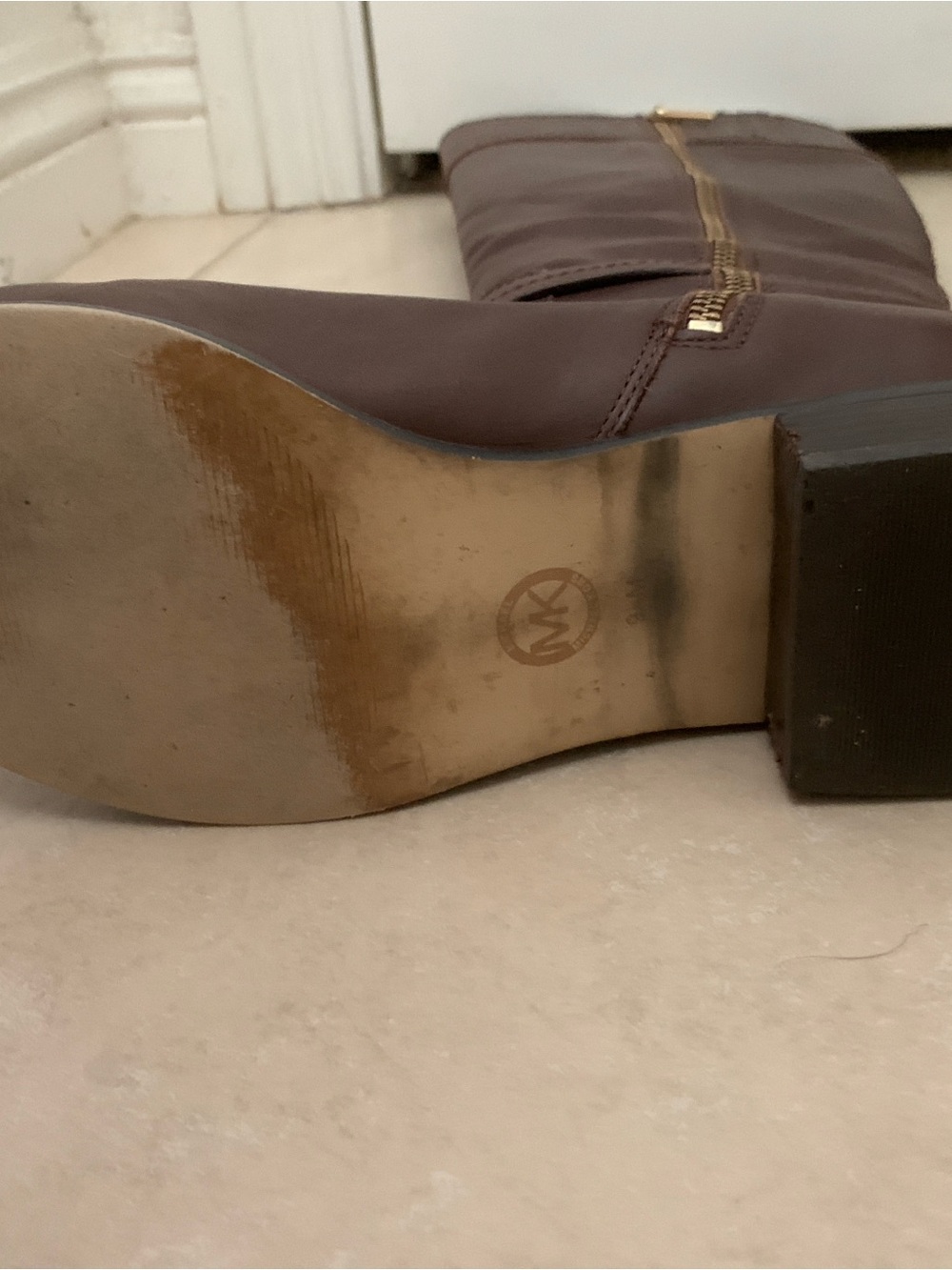 Michael Kors Stockard Brown Leather Tall Riding Boots Gold MK Logo Size 9.5M - Picture 5 of 16